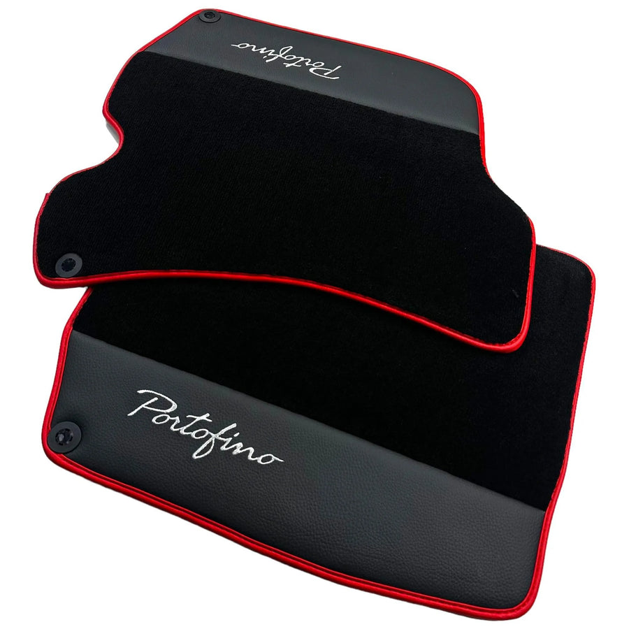 Tapis de sol noirs pour Ferrari Portofino (2018-2023) avec cuir et bord rouge - AutoWin