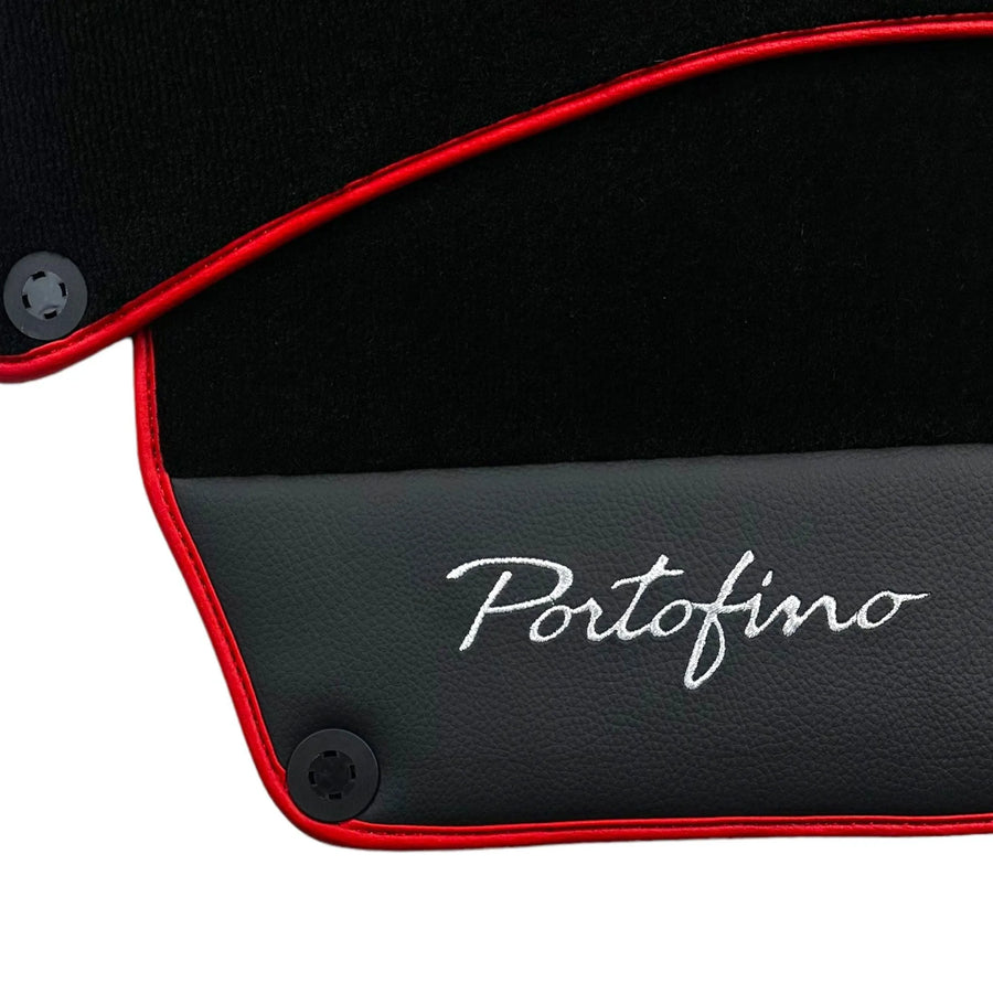 Tapis de sol noirs pour Ferrari Portofino (2018-2023) avec cuir et bord rouge - AutoWin