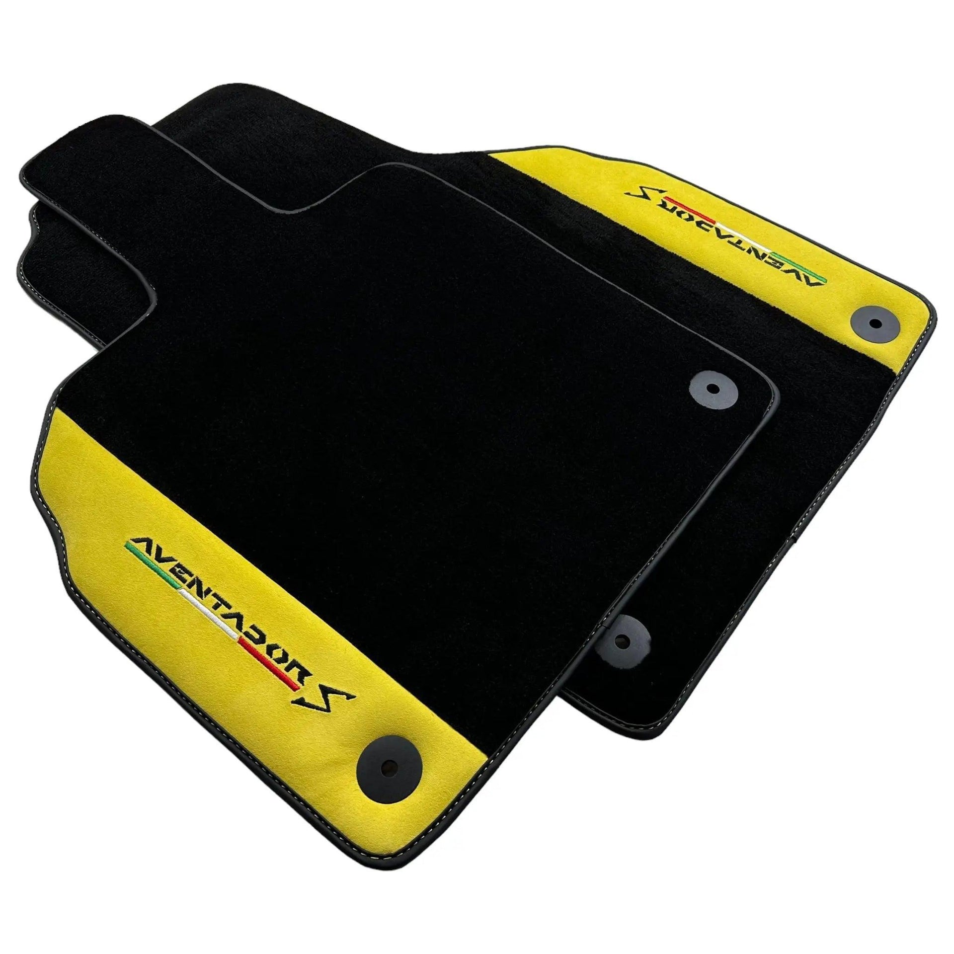 Black Floor Mats for Lamborghini Aventador S with Yellow Alcantara Leather - AutoWin