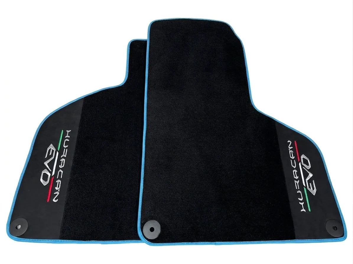 Black Floor Mats for Lamborghini Huracan EVO (2019-2024) with Black Alcantara Leather Light Blue trim