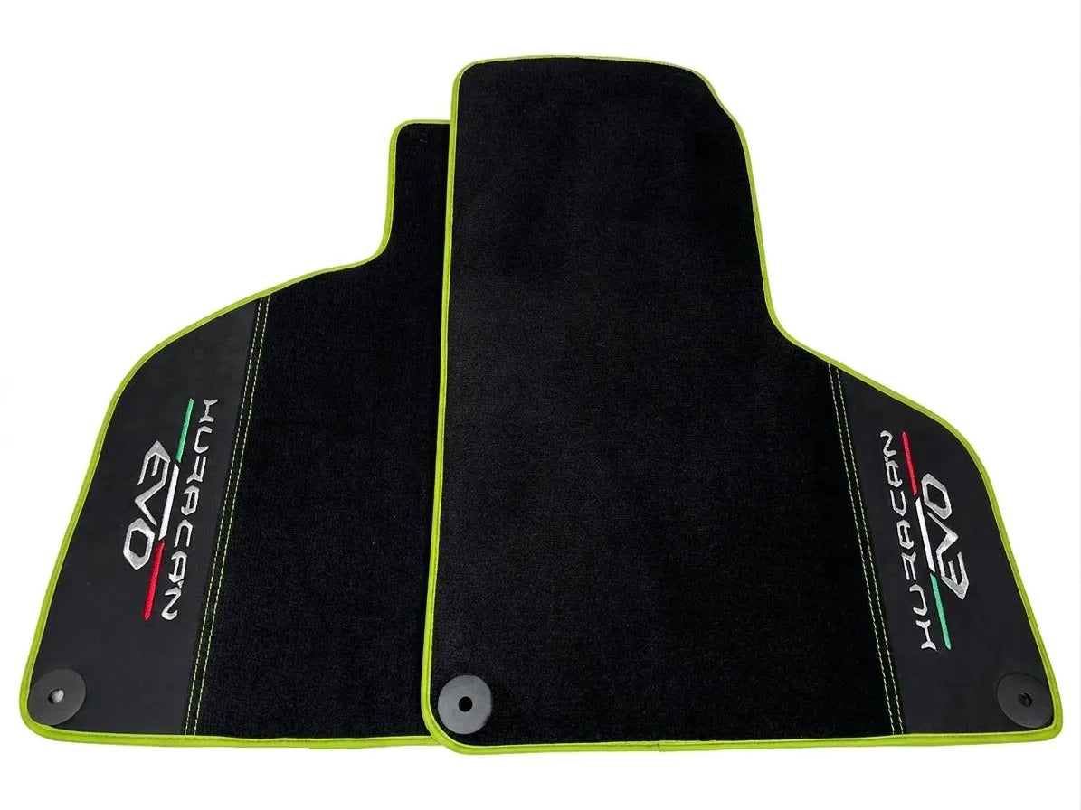 Black Floor Mats for Lamborghini Huracan EVO (2019-2024) with Black Alcantara Leather Green trim