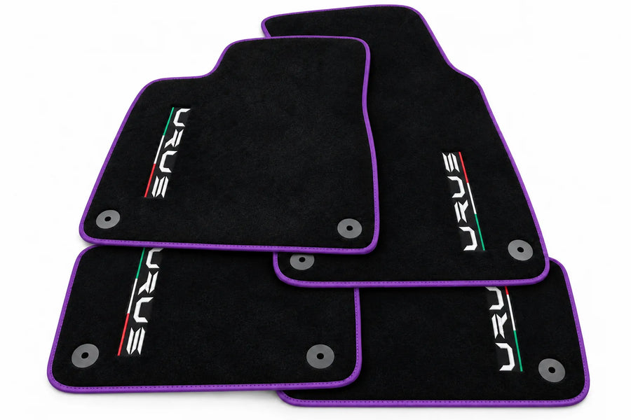 Tapis de sol noirs pour Lamborghini Urus sur mesure avec bord jaune et bord violet