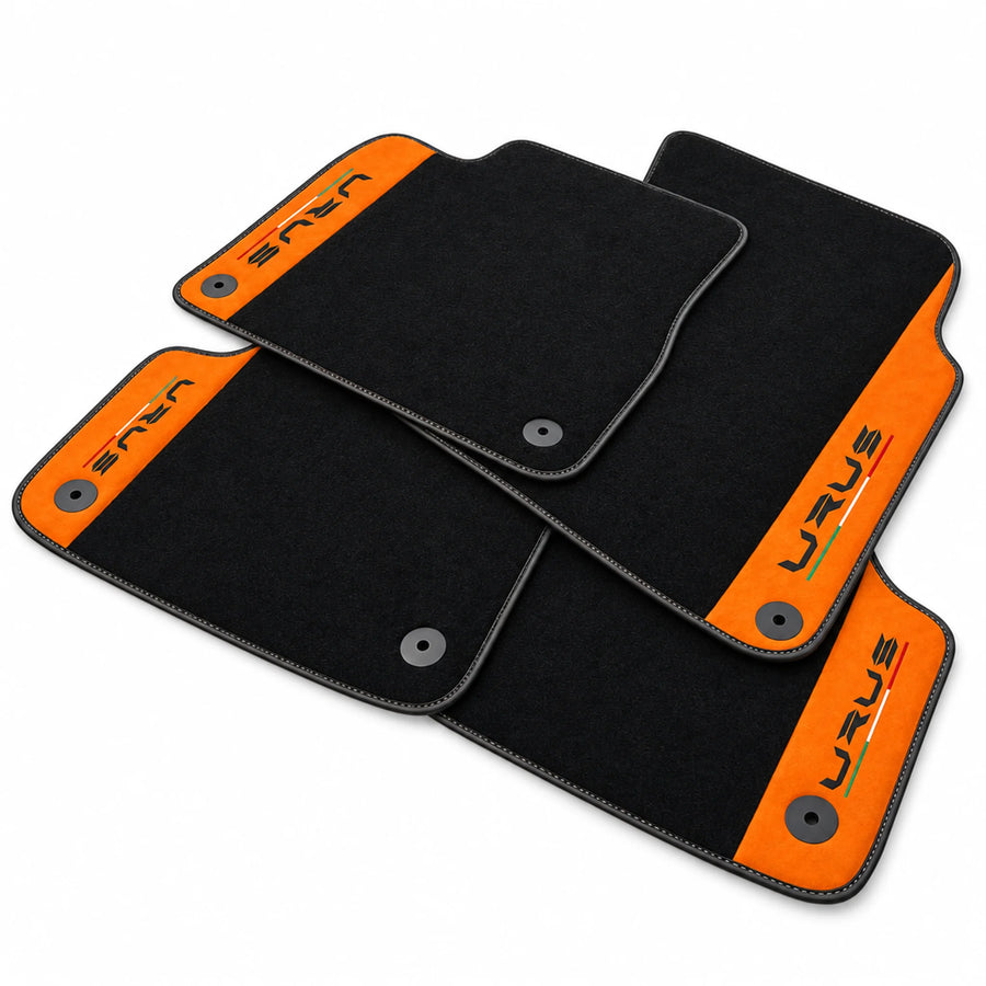 Black Floor Mats For Lamborghini Urus With Orange Alcantara Leather