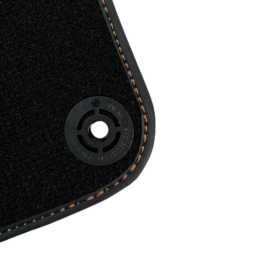 Black Floor Mats for Porsche 718 Boxster (2016-2023) with Orange Alcantara Leather ER56 Design - AutoWin
