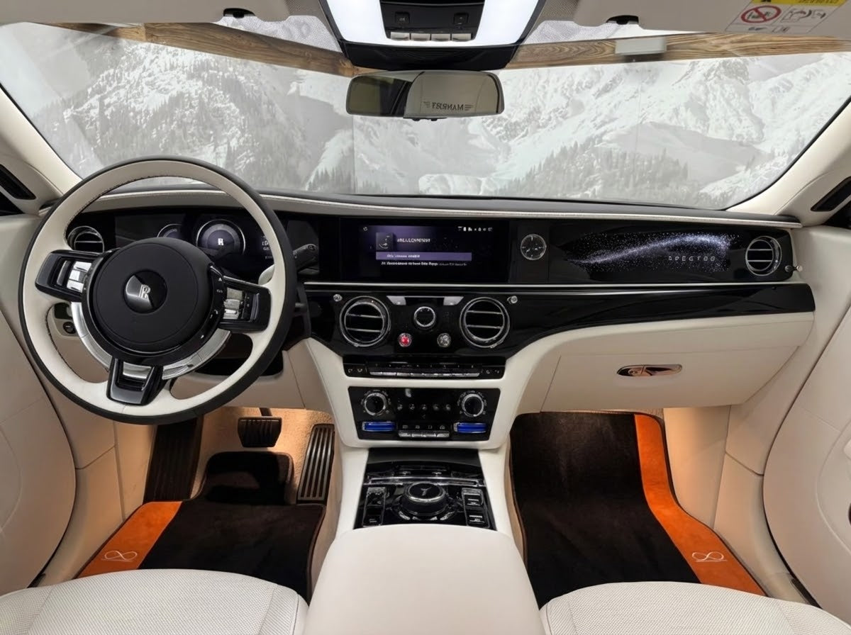 Interior look of floor mats for Black Floor Mats For Rolls Royce Spectre (2023-2024) Orange Alcantara Leather