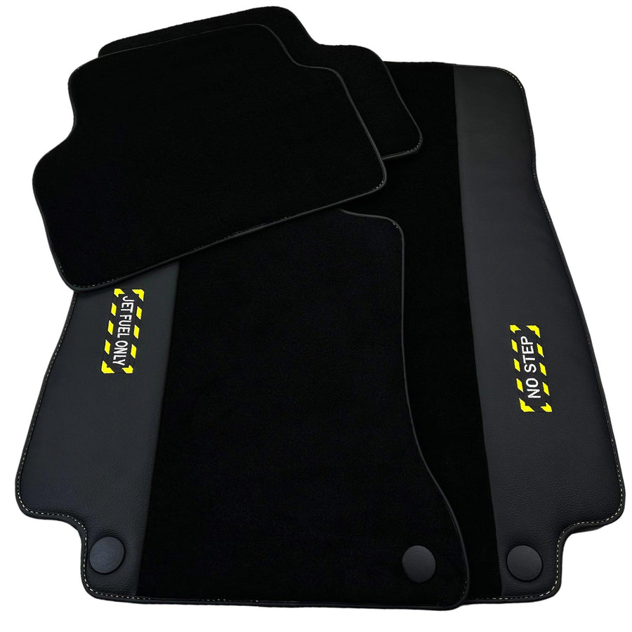 Black Floor Mats with Leather for Mercedes Benz E-Class W213 Sedan (2016-2020) - "Jet Fuel Only" - AutoWin