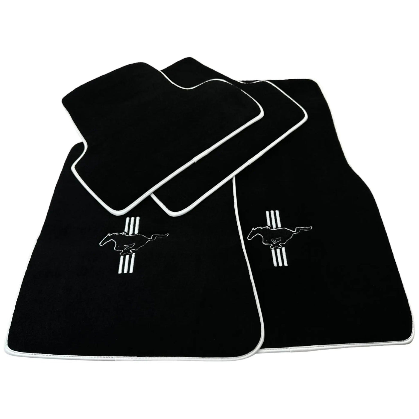 Black Floor Mats with White Trim For Ford Mustang V (2004-2010) With Pony - AutoWin