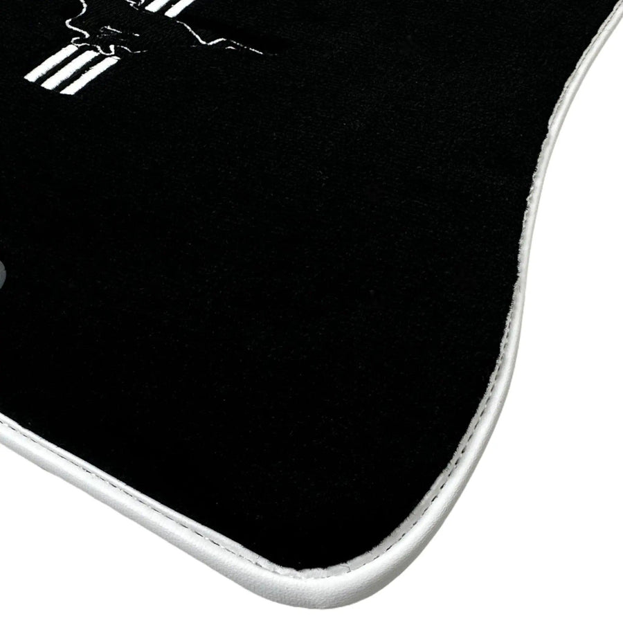 Black Floor Mats with White Trim For Ford Mustang V (2004-2010) With Pony - AutoWin