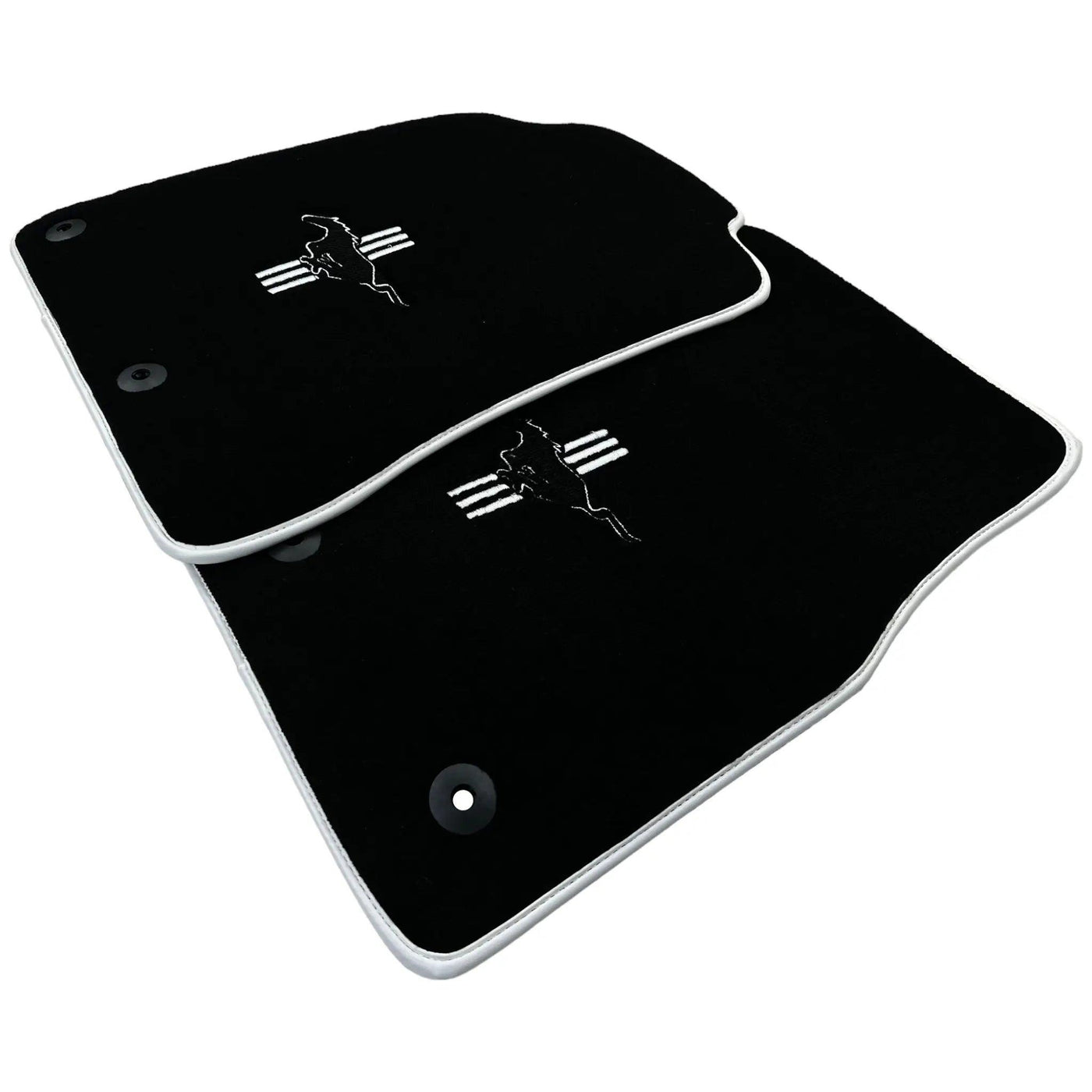 Black Floor Mats with White Trim for Ford Mustang V FL (2011-2014) With Pony - AutoWin