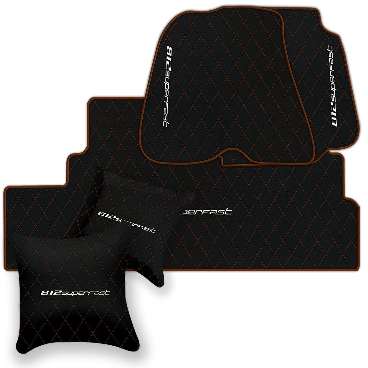 Black Leather Floor Mats for Ferrari 812 Superfast (2018-2023) with Single Diamond Pattern | Full Set Option