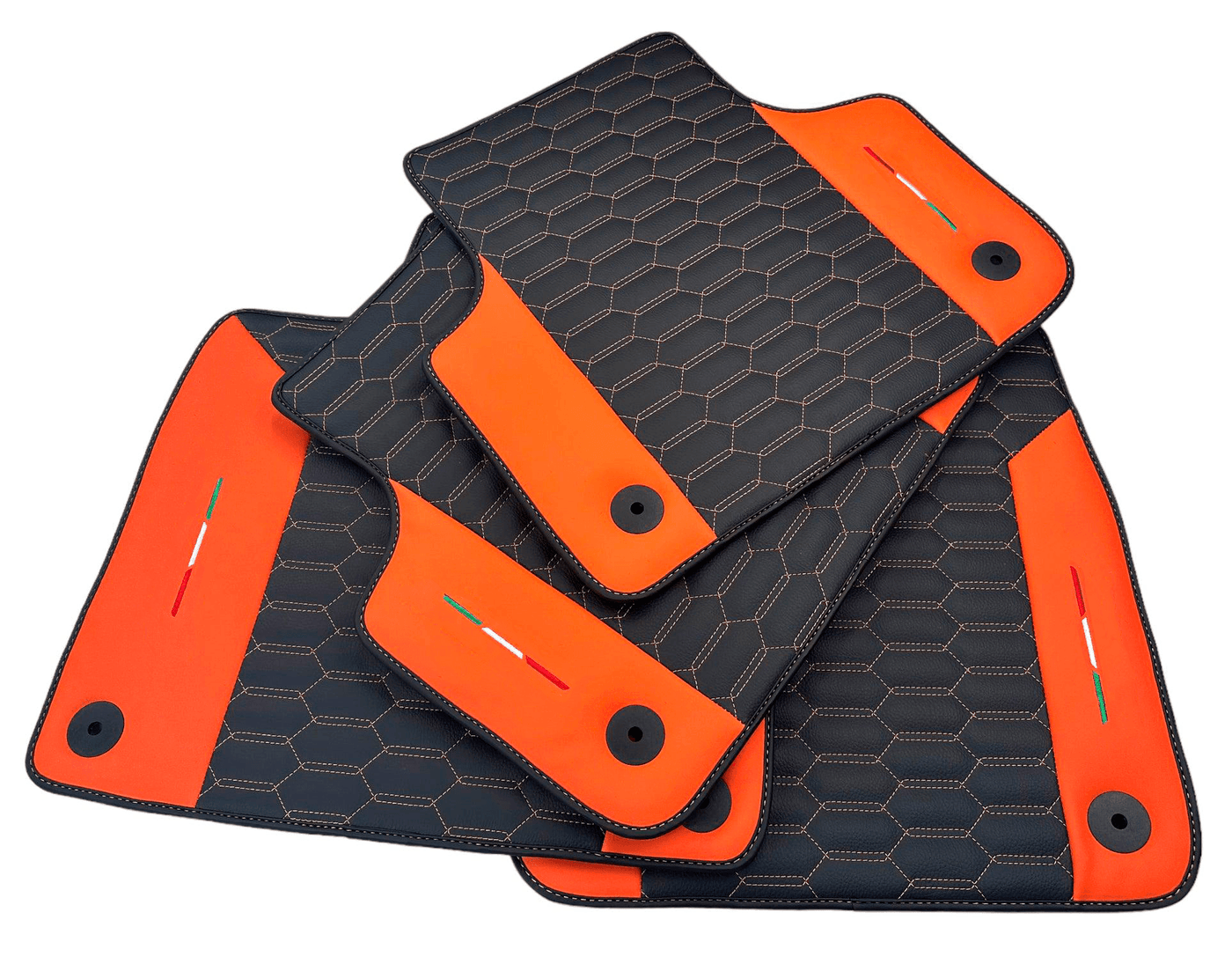 Black Leather Floor Mats For Lamborghini Urus S With Orange Nappa Leather - AutoWin