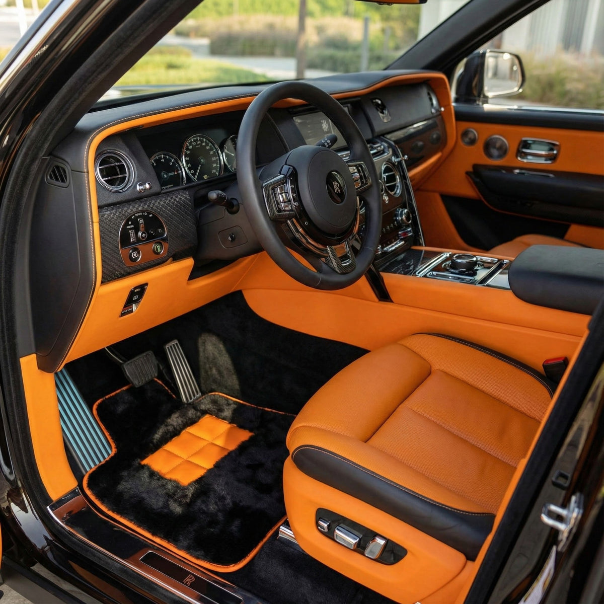 Interior look of floor mats for Rolls-Royce Cullinan | Orange Trim