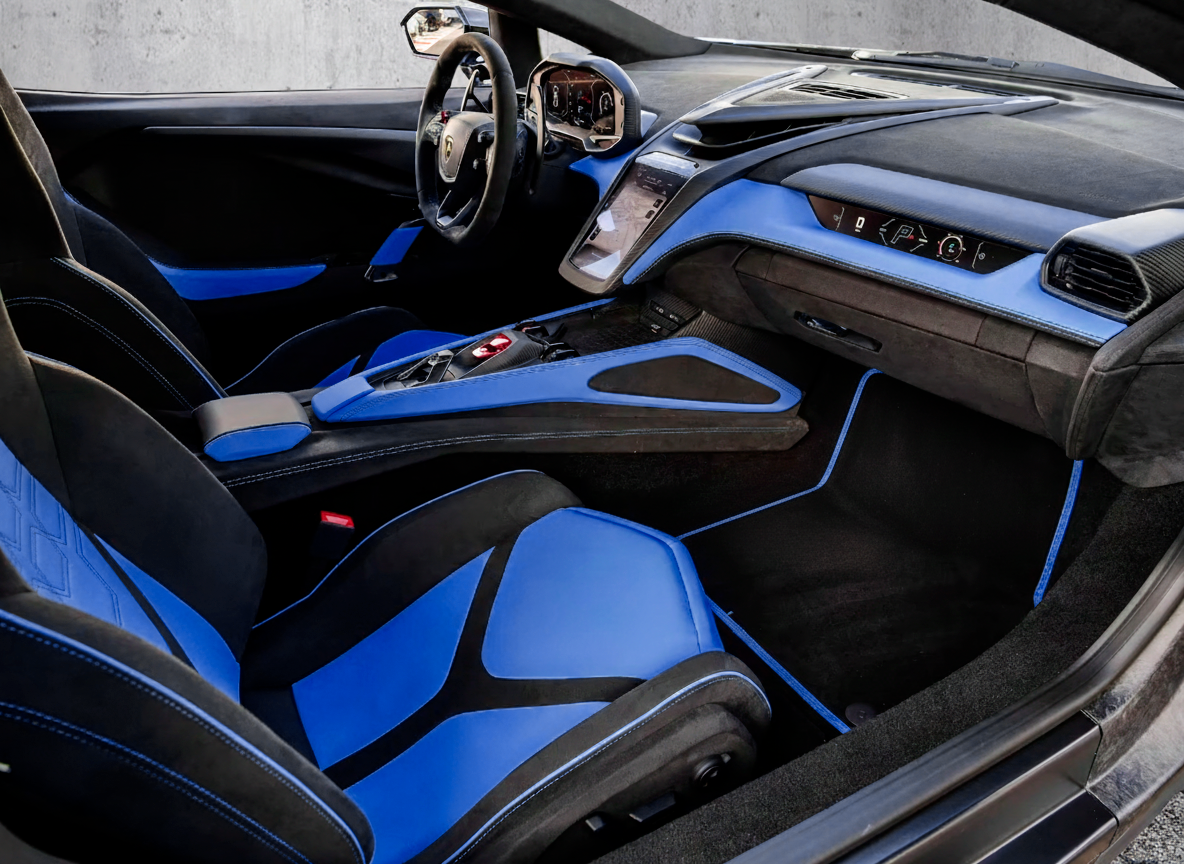 Alfombrillas negras personalizables para Lamborghini Urus con ribete de cuero Alcantara azul oscuro