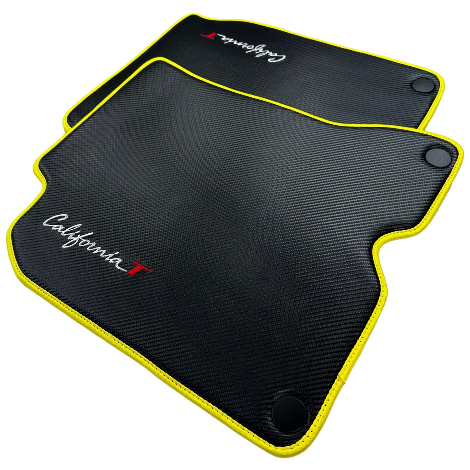 Carbon Fiber Leather Floor Mats For Ferrari California T (2015-2018) with Yellow Trim - AutoWin