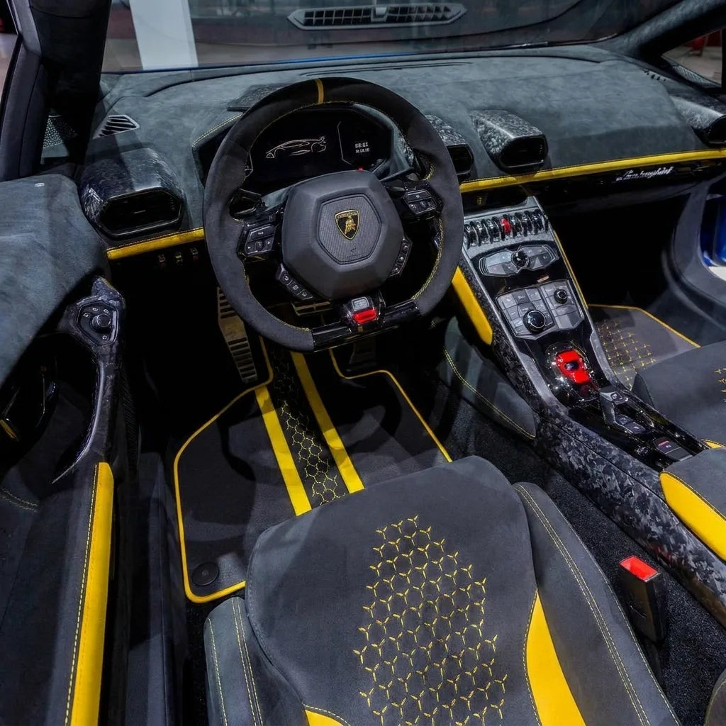Customizable Leather Floor Mats with AW20 Pattern for Lamborghini Huracan Performante (2017-2019) inside the vehicle