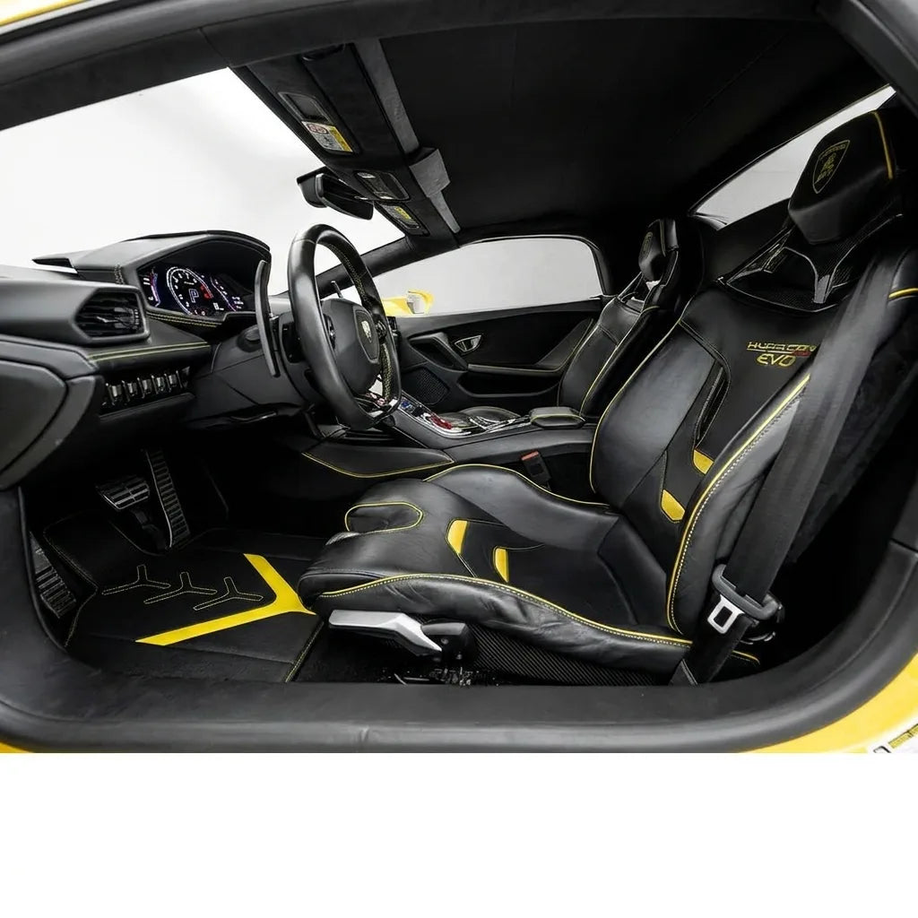 Customizable Leather Floor Mats with AW25 Pattern for Lamborghini Huracan EVO (2019-2024) inside the vehicle