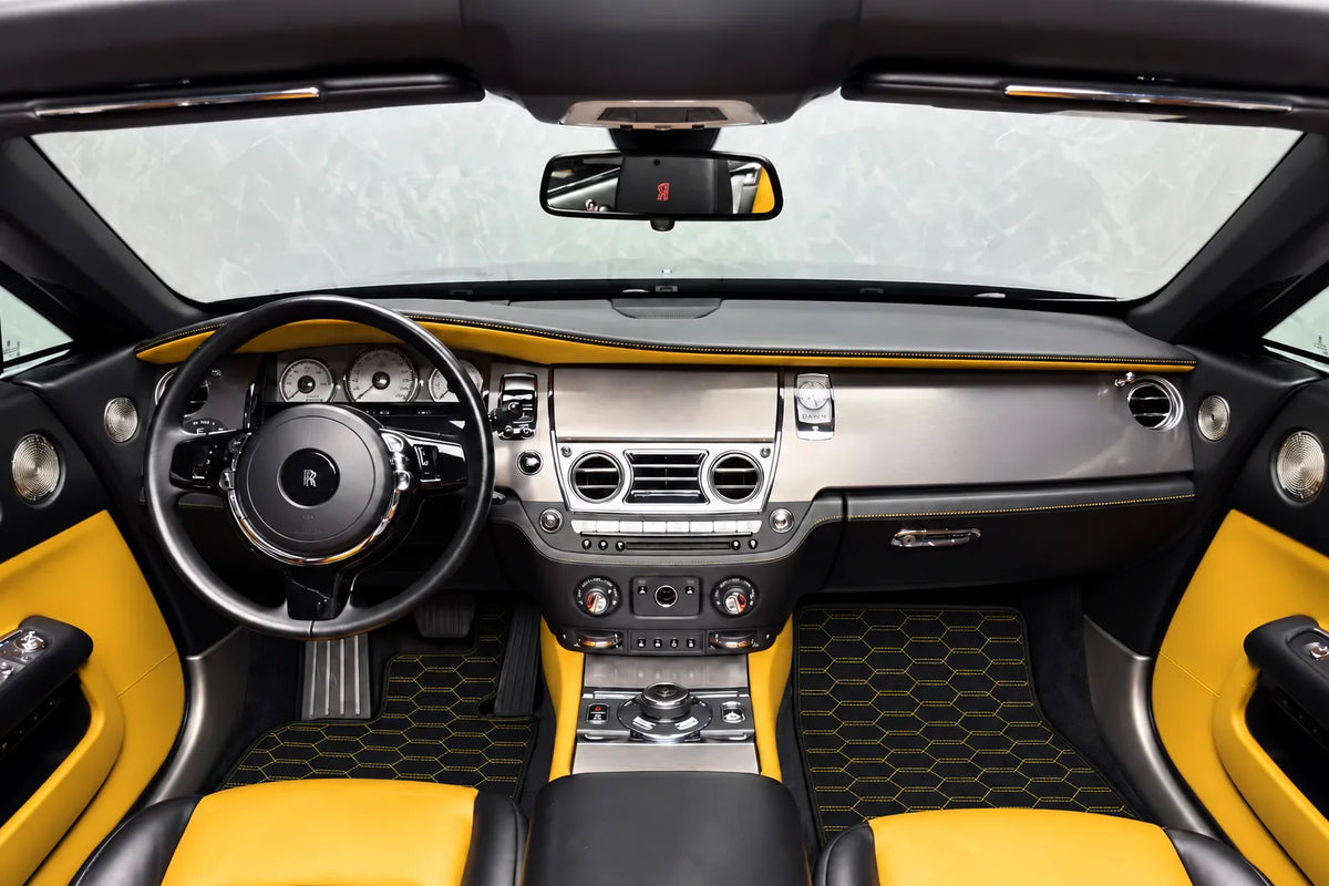 Customizable Leather Floor Mats with Interlaced Hex Pattern for Rolls Royce Dawn (2016-2023) inside the vehicle