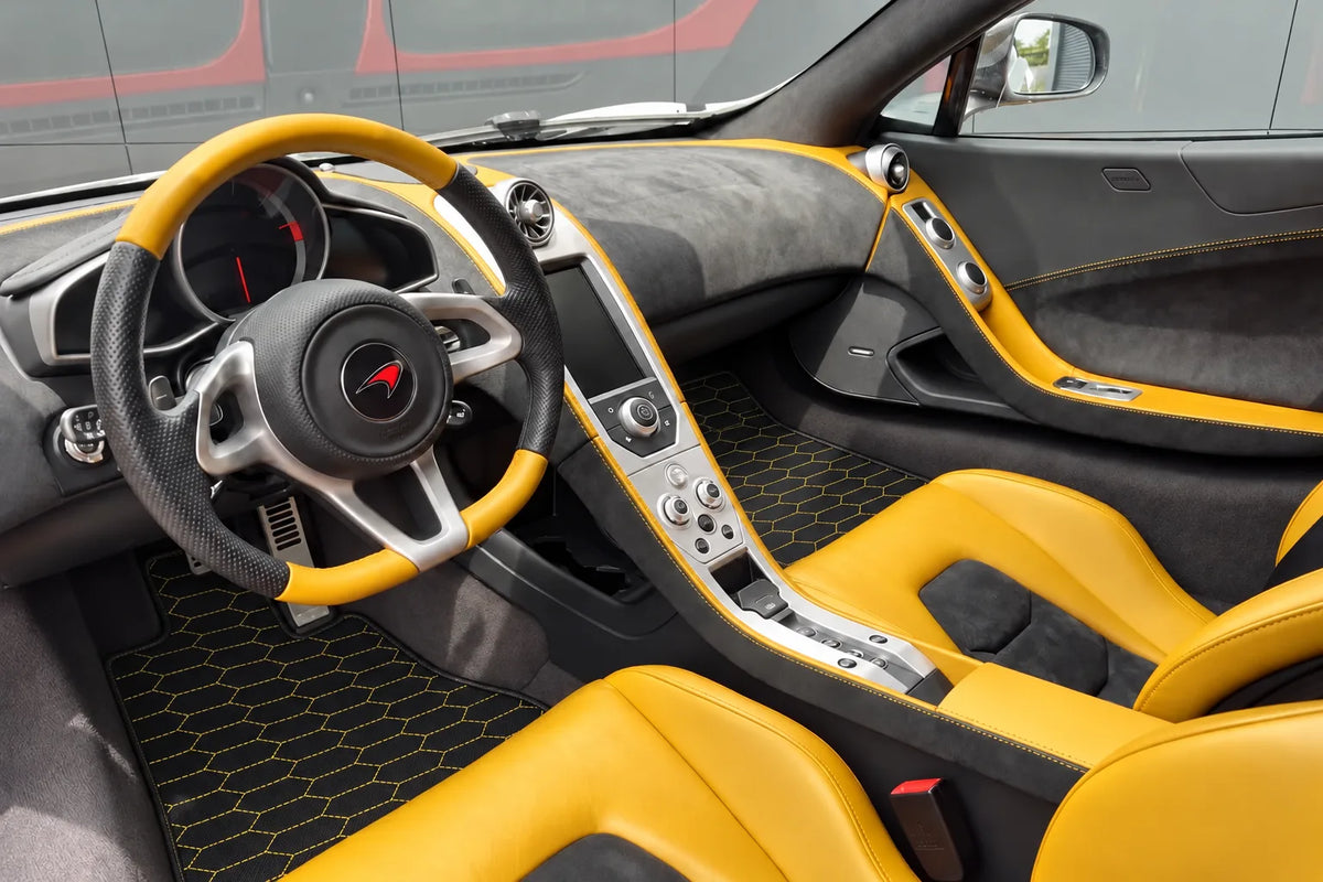 Customizable Leather Floor Mats with Raptor Hex Pattern for McLaren MP4-12C (2011–2014) inside the vehicle
