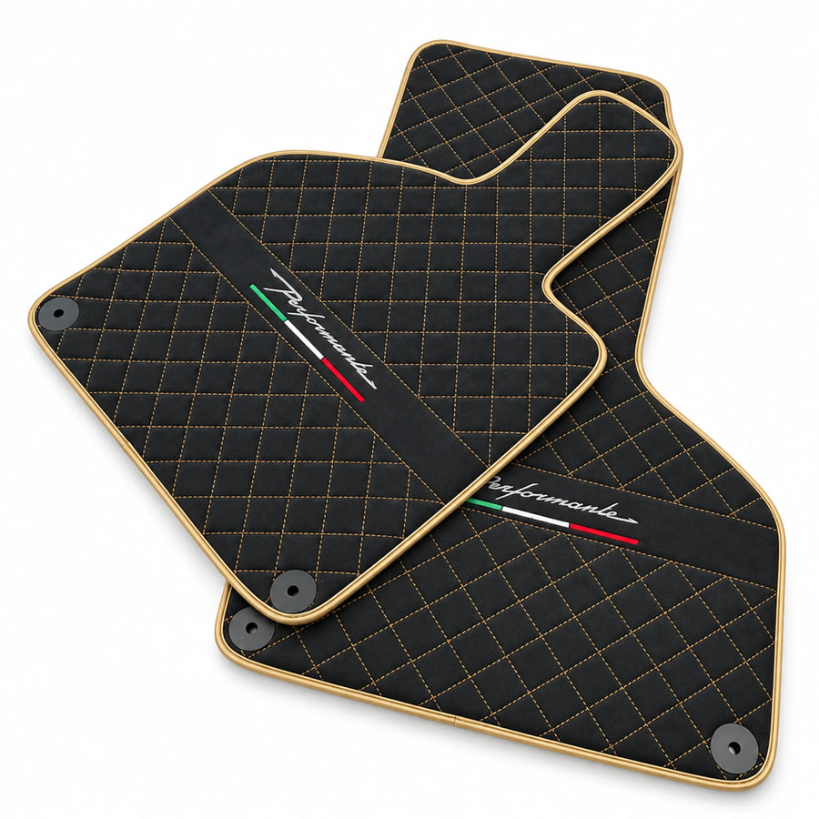 Floor Mats for Lamborghini Huracan Perfomante Alcantara Leather Gold Trim - AutoWin