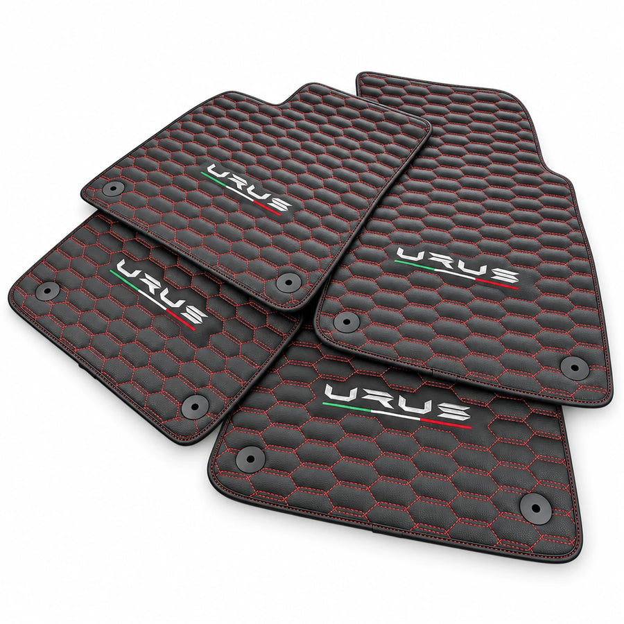 Floor Mats For Lamborghini Urus Leather Red Stitching - AutoWin
