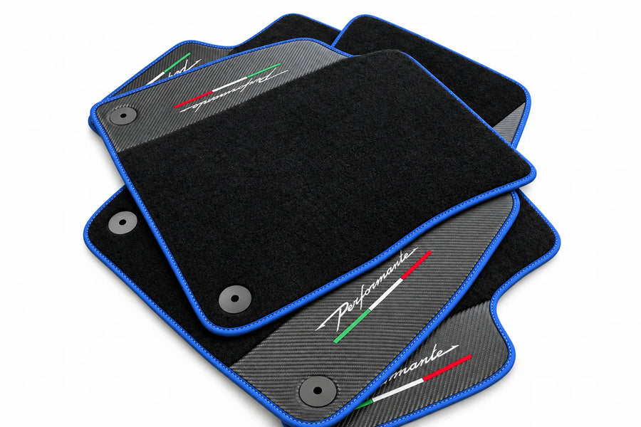 Tapis de sol pour Lamborghini Urus Performante en cuir carbone avec garniture bleue