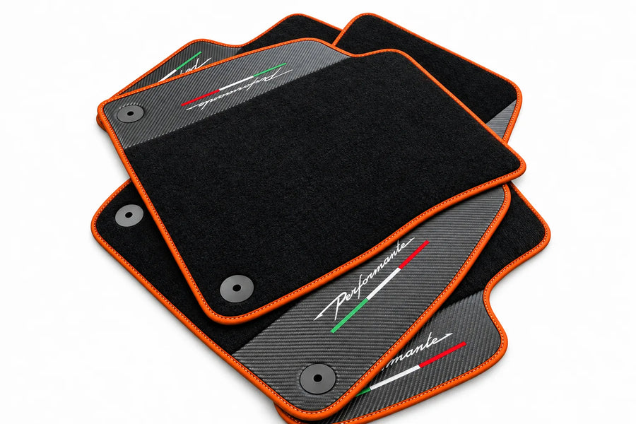 Tapis de sol pour Lamborghini Urus Performante avec garniture en cuir carbone orange
