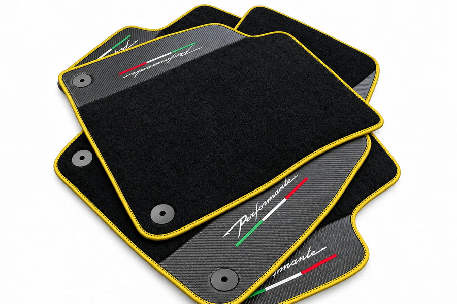 Tapis de sol pour Lamborghini Urus Performante avec garniture en cuir carbone jaune