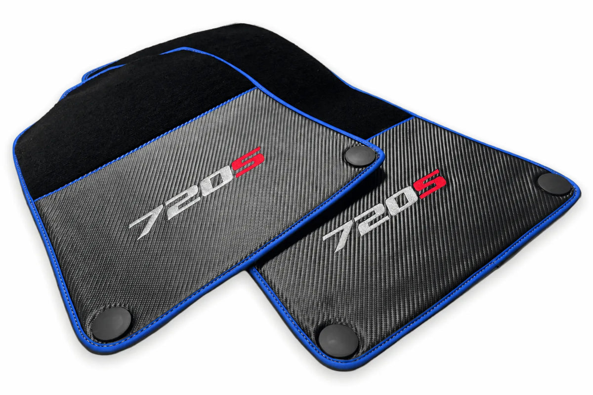 Floor Mats For McLaren 720S Black Tailored Carpets With Carbon Blue trim