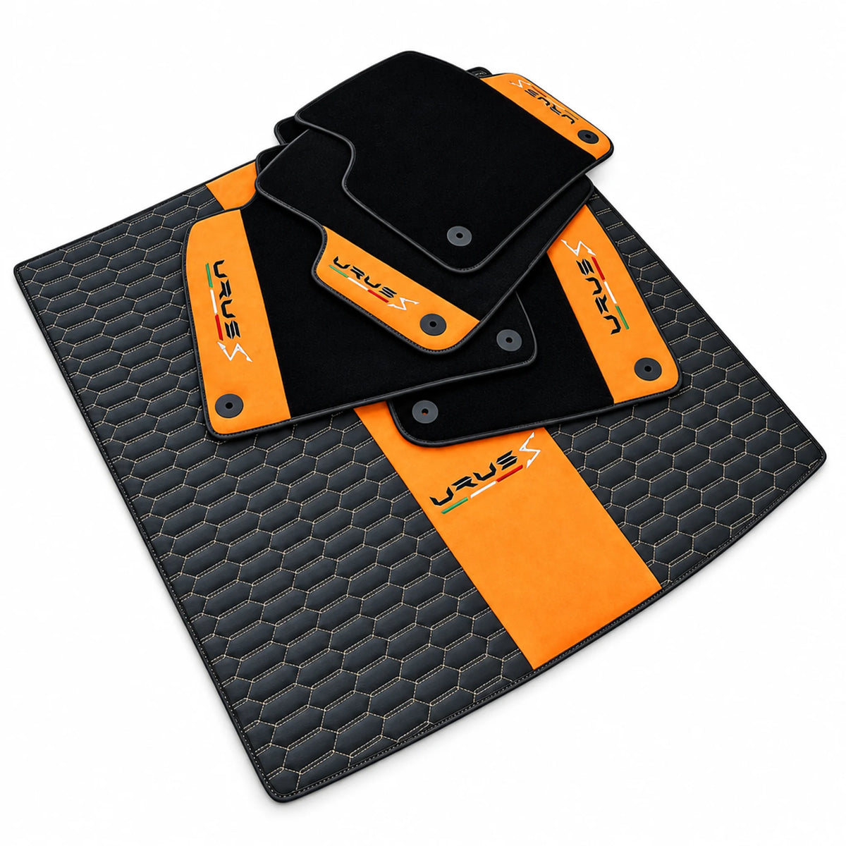 Floor Mats Set with Trunk Mat For Lamborghini Urus S With Orange Alcantara Leather - AutoWin