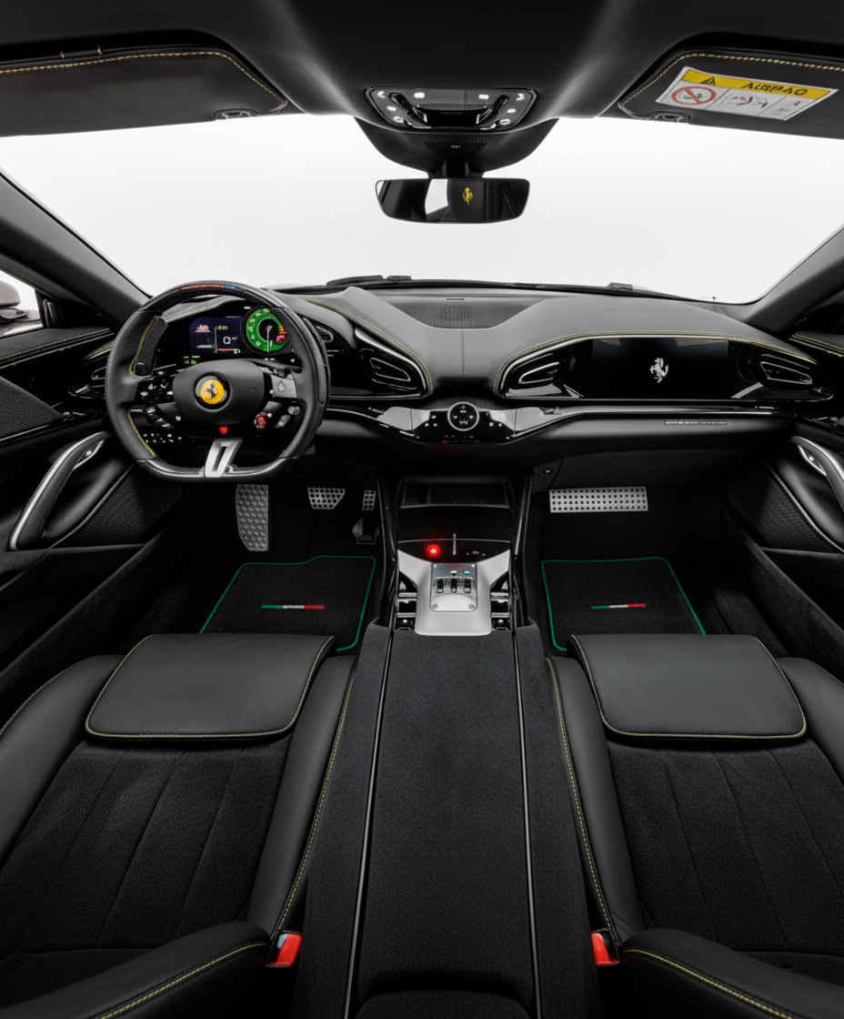 Tappetini per auto neri per Ferrari Purosangue con rifiniture verdi | Edizione italiana