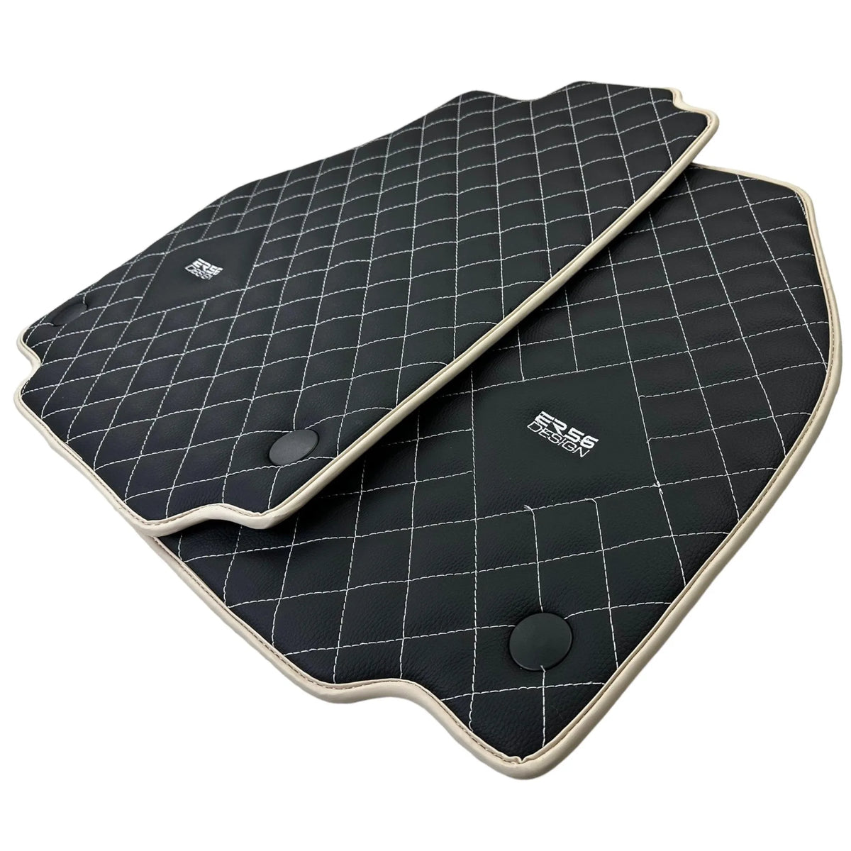 Leather Floor Mats for Ferrari 488 Spider 2015-2022 with White Sewing ER56 Design | Beige Trim - AutoWin