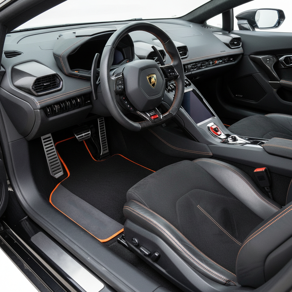Tapis de voiture noir sur mesure pour Lamborghini Huracan STO avec cuir noir et garniture orange
