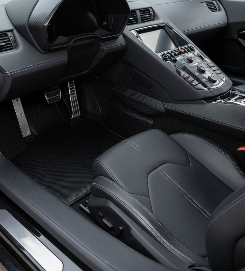 Alfombrillas personalizables para coches de Lamborghini Aventador en cuero de fibra de carbono - Edición limitada