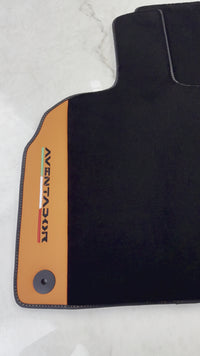 Black Floor Mats for Lamborghini Aventador with Orange (Arancia Mira) Nappa Leather