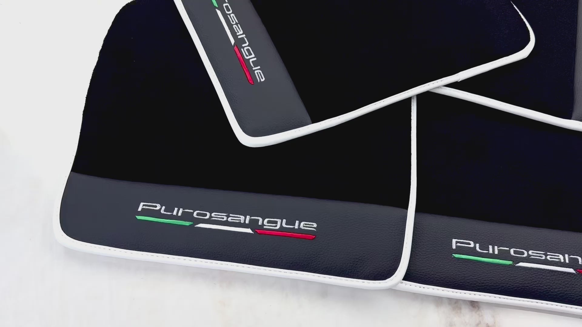 سجادات سيارة سوداء لفيراري بوروسانغوي مع جلد وحافة بيضاء | الإصدار الإيطالي - AutoWin