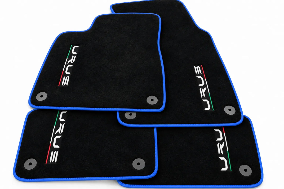 Tapis de sol pour Lamborghini Urus noir sur mesure avec tapis ronds orange - Bordure bleue