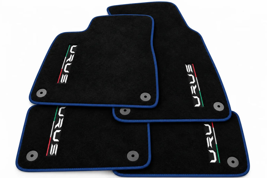 Tapis de sol pour Lamborghini Urus noir sur mesure avec tapis ronds orange - Bordure bleu foncé