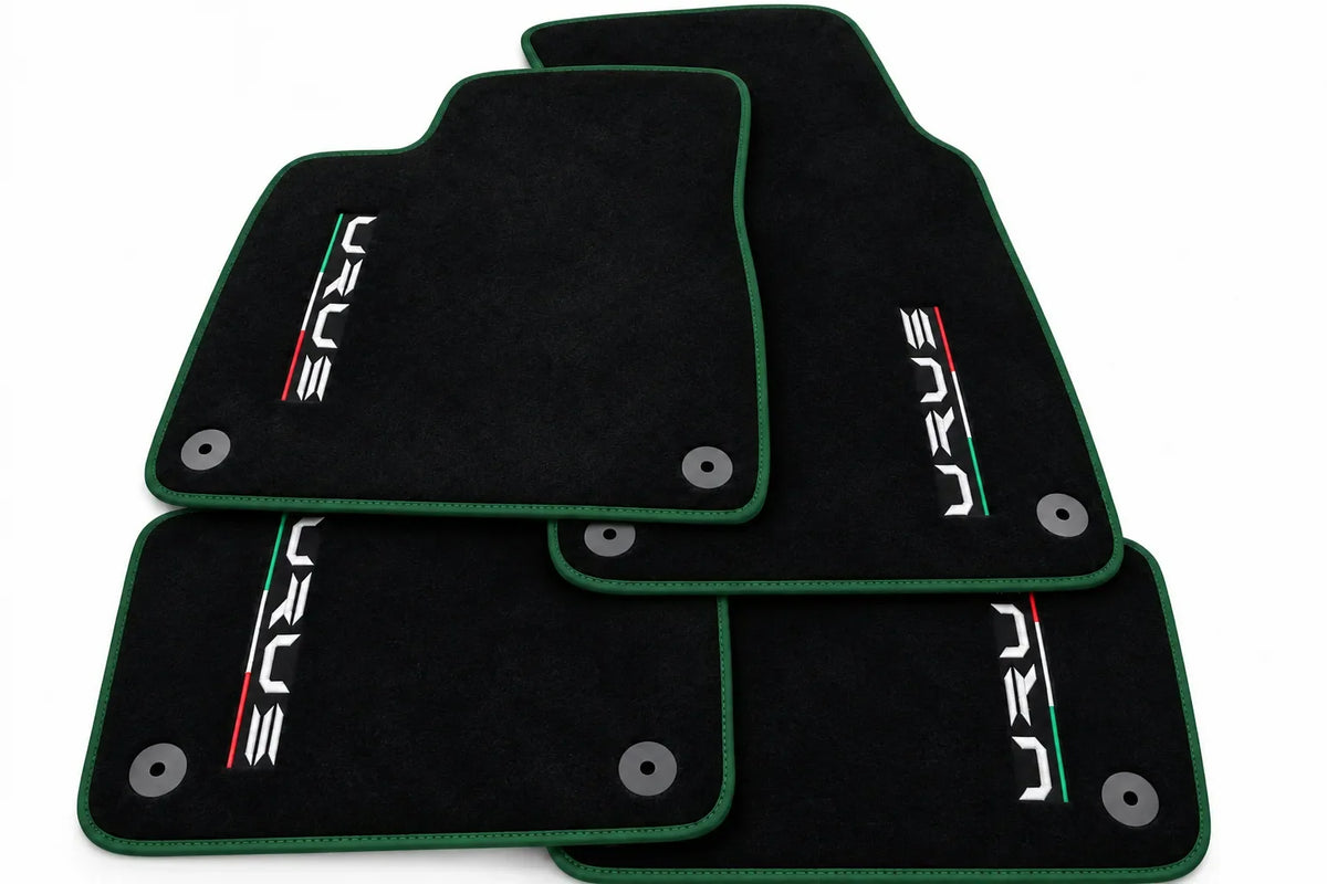 Tapis de sol pour Lamborghini Urus noir sur mesure avec tapis ronds orange - Bordure vert foncé