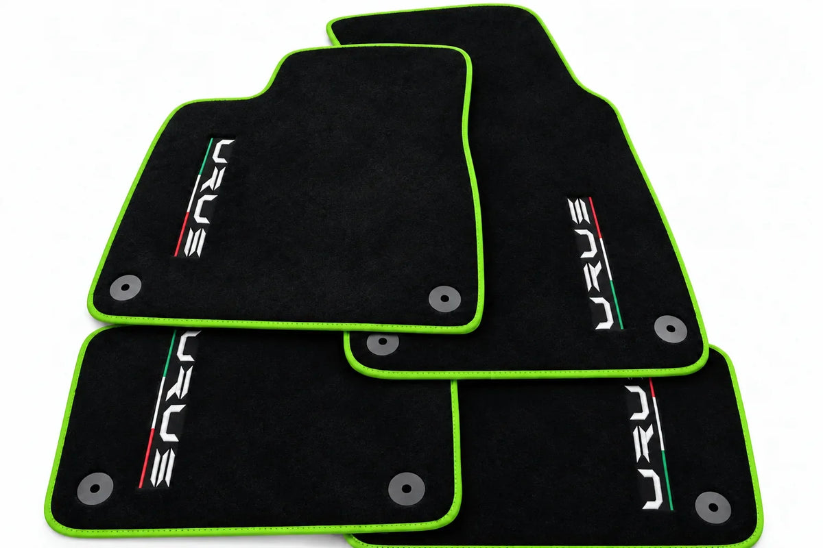 Tapis de sol pour Lamborghini Urus noir sur mesure avec tapis ronds orange - Bordure vert lime