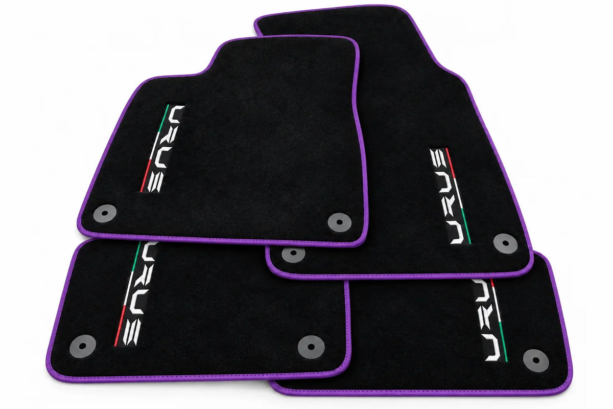 Tapis de sol pour Lamborghini Urus noir sur mesure avec ronds orange - bord violet