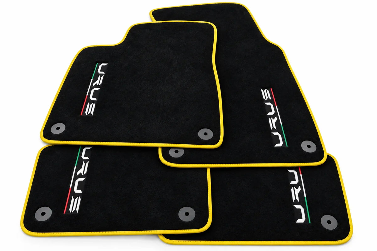 Tapis de sol pour Lamborghini Urus noir sur mesure avec tapis ronds orange - Bordure jaune