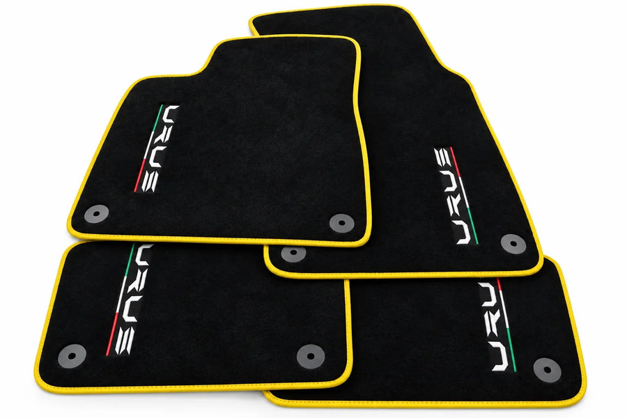 Tapis de sol pour Lamborghini Urus noir sur mesure avec tapis ronds orange - Bordure jaune