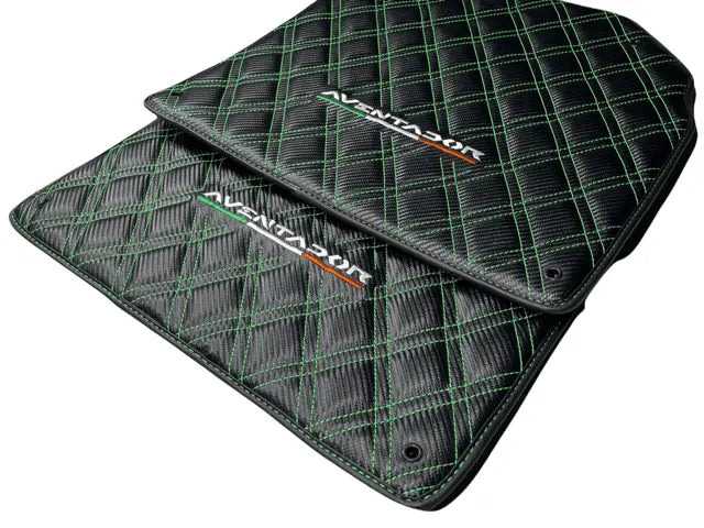 Floor Mats for Lamborghini Aventador Carbon Fiber Leather Green Stitching - AutoWin
