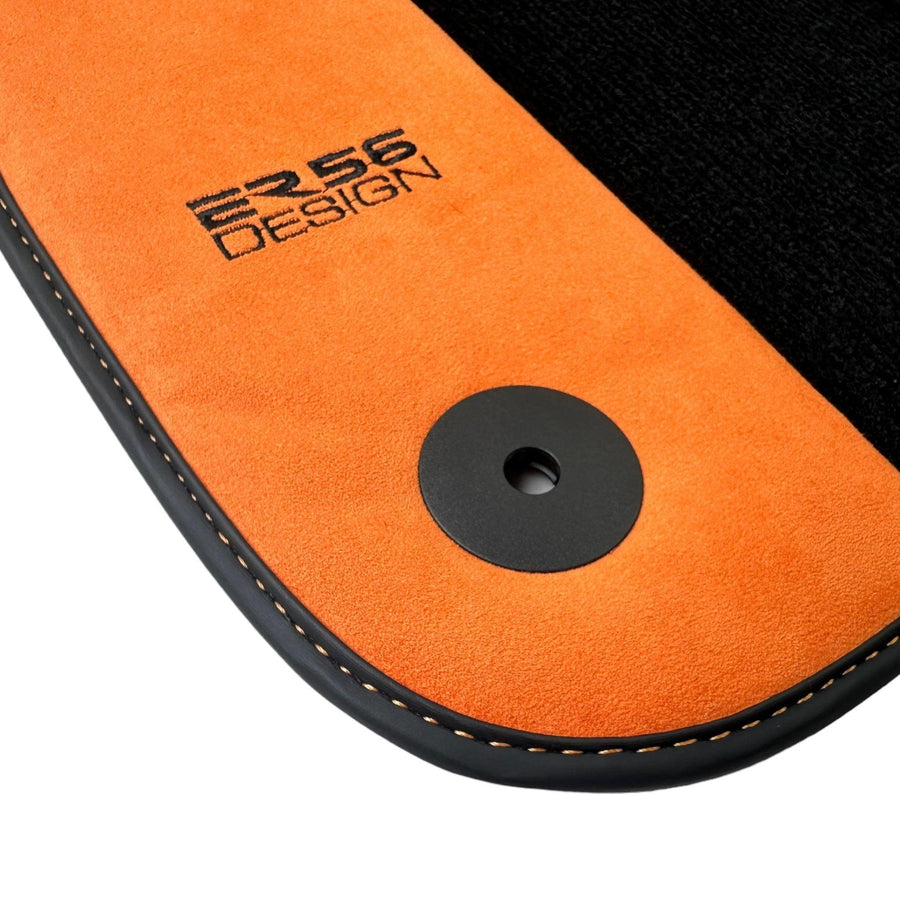 Black Floor Mats for Audi A3 - 5-door Sedan (MHEV) Mild Hybrid Electric Vehicle (2021 - 2024) With Orange Alcantara | ER56 Design - AutoWin