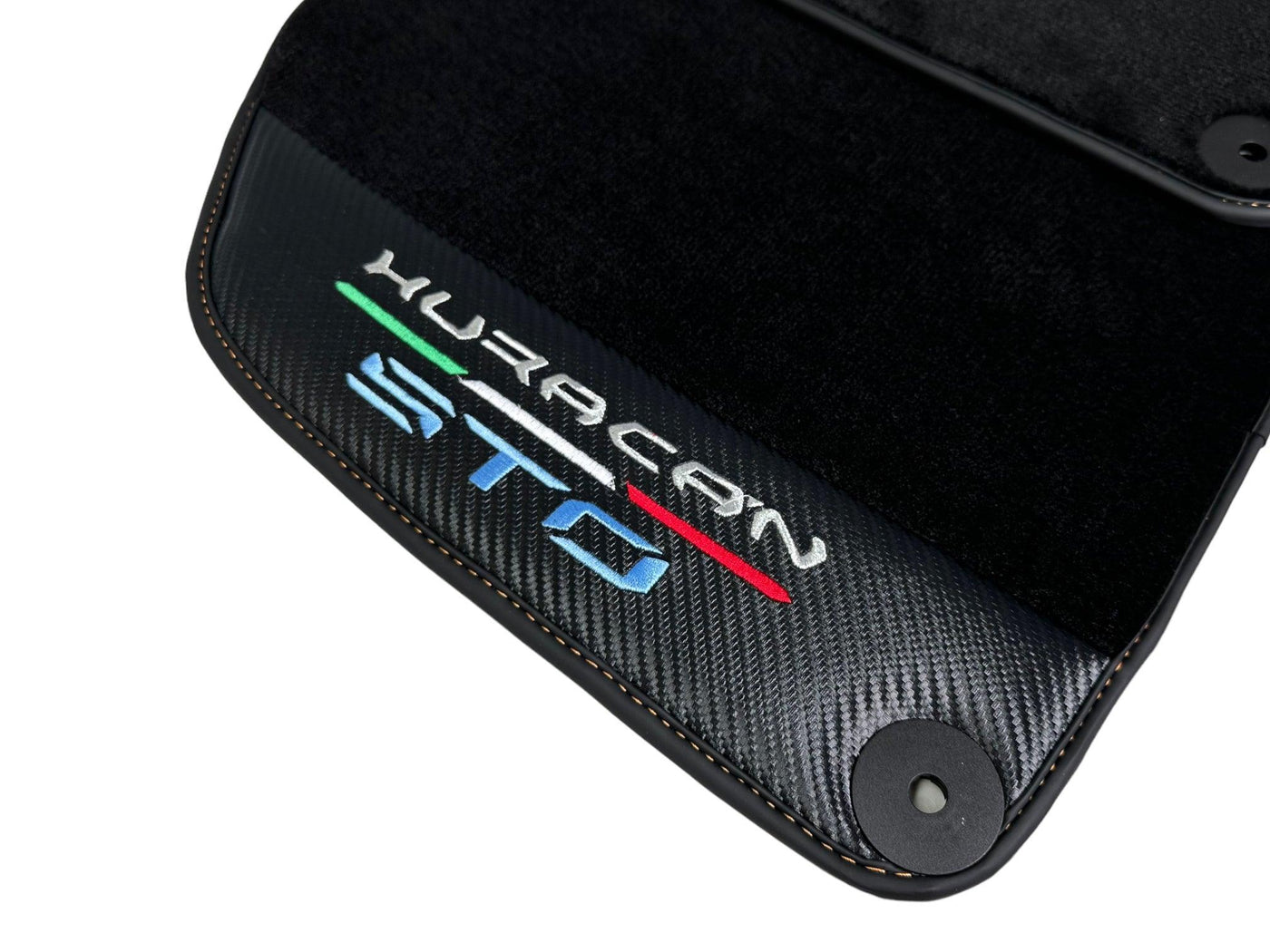Huracan STO Black Mats: Carbon Fiber Leather & Orange Sewing