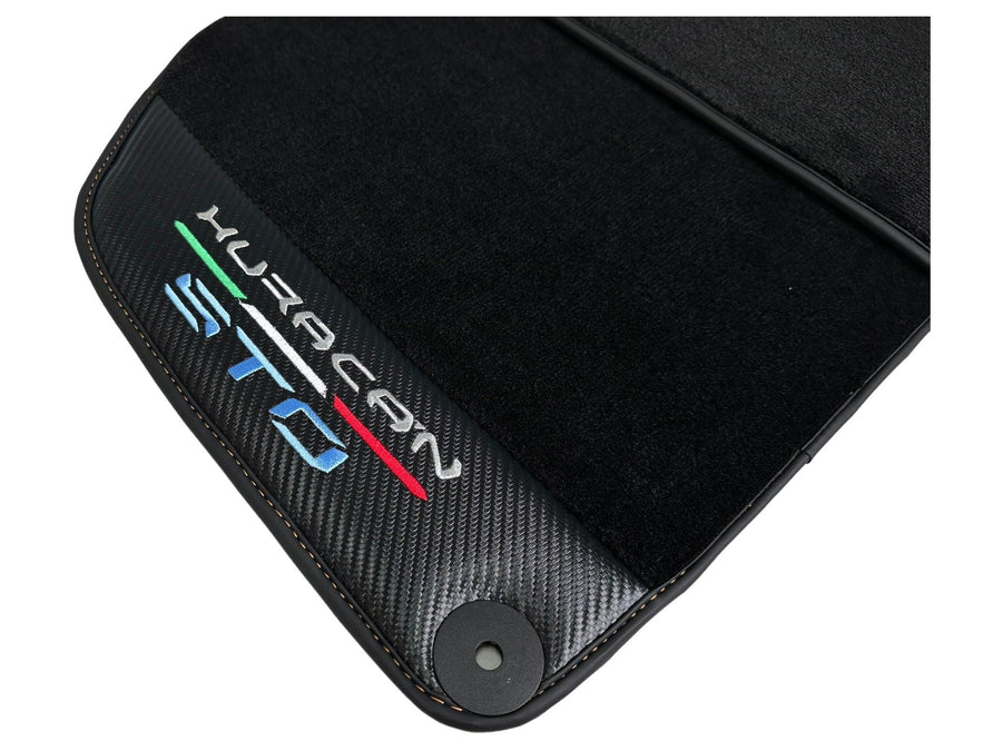 Huracan STO Black Mats: Carbon Fiber Leather & Orange Sewing