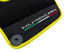 Black Floor Mats for Lamborghini Huracan With Alcantara Leather Yellow Trim - AutoWin