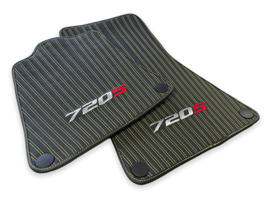 Leather Floor Mats For McLaren 720S Black Tailored Yellow Sewing - AutoWin